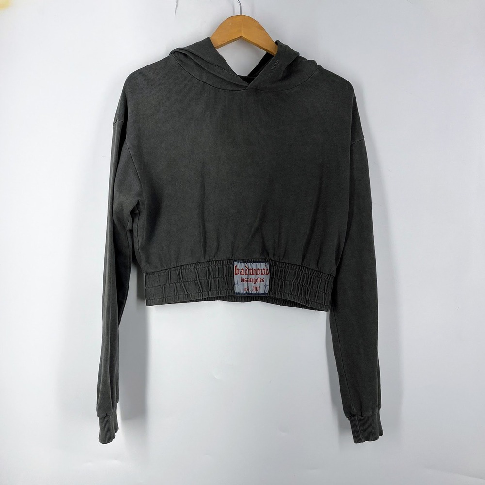 Badwood Los Angeles Womens Cropped Hoodie Charcoal Grey Elastic Waist Patch SZ L